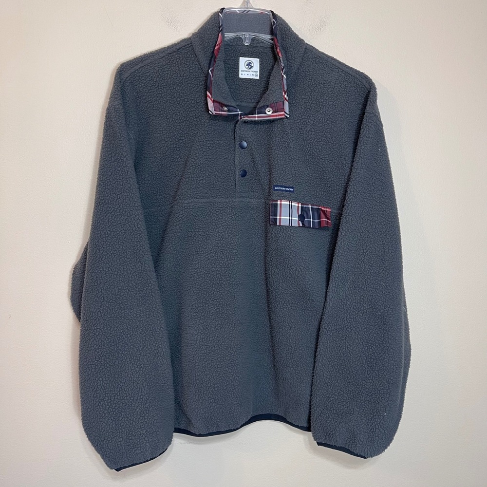 Southern Proper Gray Sherpa Fleece Snap Pullover Plaid Trim Mens XXL